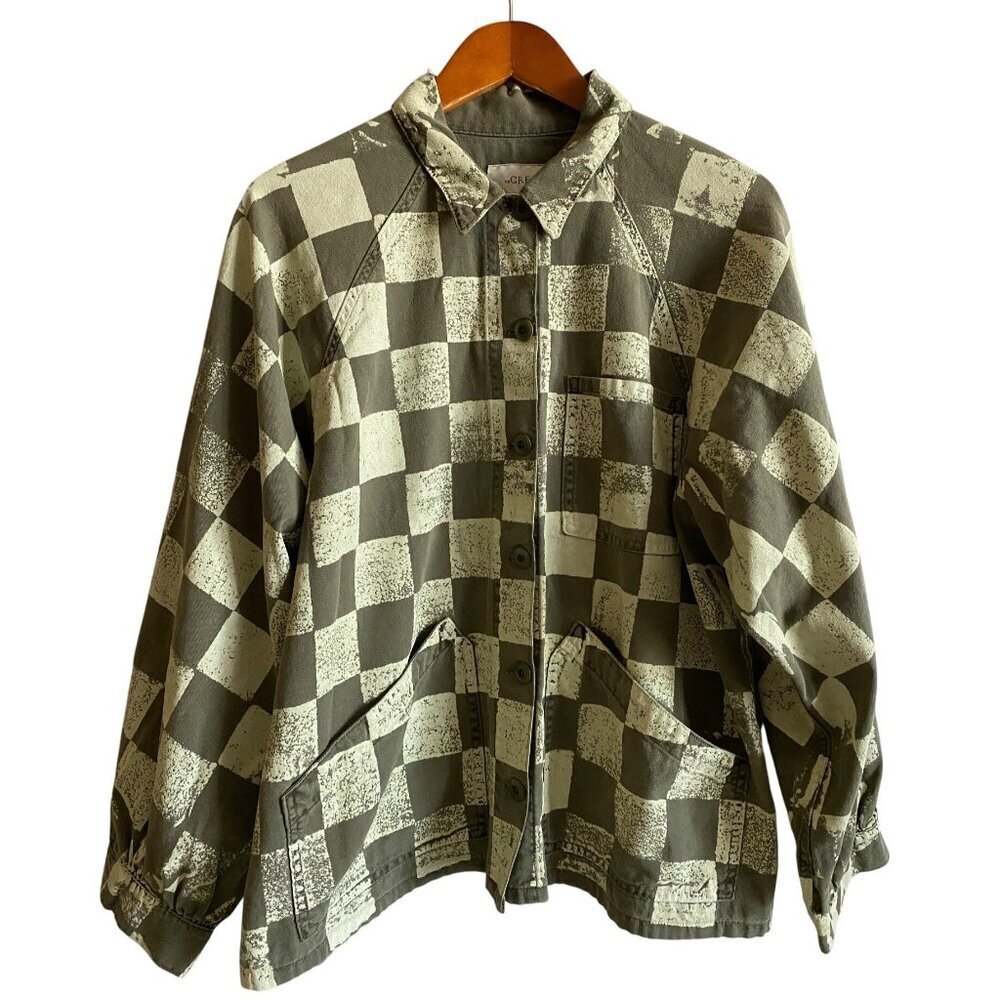 THE GREAT Commodore Utility Jacket Army Green Checker Cotton Shacket Sz 2 Medium